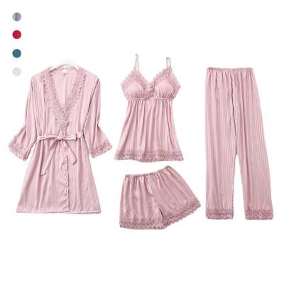 China Lady Women's QUICK DRY Sexy Mature Silk Sleepwear Nightgown Satin Lingerie Four Piece Set Pajamas For Women Dress Satin Women Sleepwear for sale