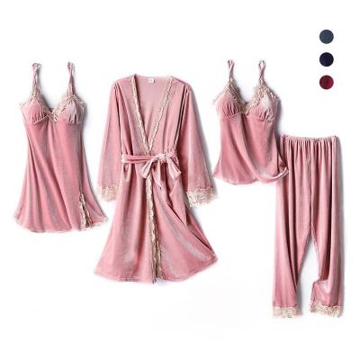 China Red Nightgown Nightgown Pajama Set Lounge Wear Sleepwear Four Piece Pajama Set-Female QUICK DRY Pajamas Women for sale