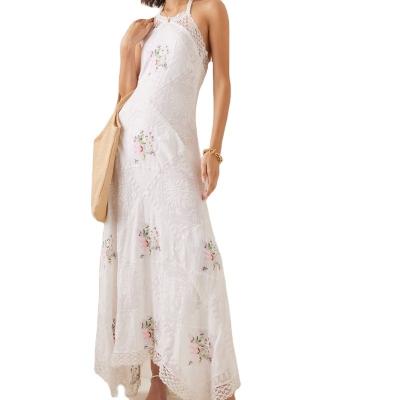 China Halter Lace Women Summer Anti-Static Dress Printed Chiffon Embroidered Backless Lace Up Mature Women Midi Dress for sale