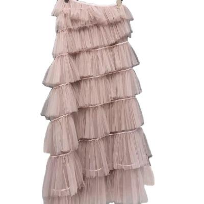 China Summer Breathable Women Fashion Women High Waist Ruffles Mesh Long Skirts For Women Maxi Skirt Cake Layer Pleated Skirt for sale