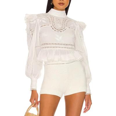 China Autumn New Long Sleeved Hollowed Out Design Lace Edge Yemperament Elegant Women's Anti-pilling Tops for sale