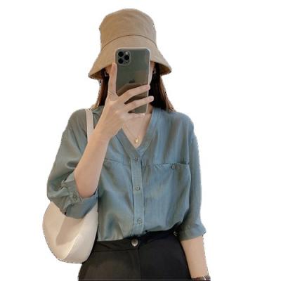 China High Quality Custom Made Ladies Anti-Wrinkle Ladies Shirts Chiffon V-Neck Office Single Button Down Long Sleeve Women's Summer Ladies Blouses for sale