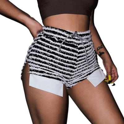 China Anti-Wrinkle Shorts Manufacturer Custom High Waist Contrast Striped Sexy Spandex Stacked Ruched Short Pants Wholesale Shorts For Women for sale