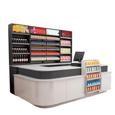 China MDF Veneered Wood Cashier Counter With Display Rack Cabinet For Grocery Retail Store for sale