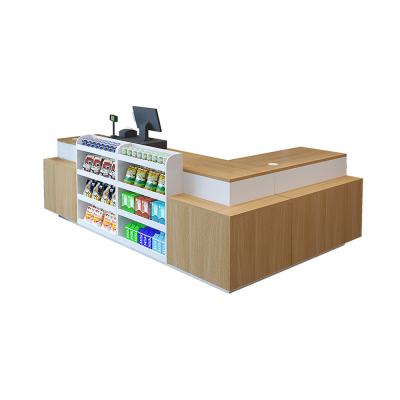 China Veneered Wood Cashier Counter For Supermarket , Counter Design MDF Retail Store Cashier Counter With Back Display Stand Cabinet for sale