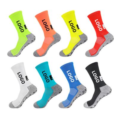 China Designer Terry QUICK DRY Thick Breathable Mesh Anti Slip Bottom Knitted Custom Logo Grips Football Socks Crew Soccer Sports Socks for sale