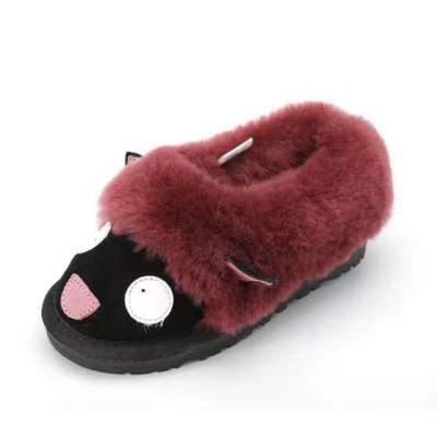 China Winter Wool Plush Cartoon Leather Upper Flat Picture Round Real Pull-On Children's Fur Casual Slippers for sale