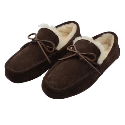 China Fashion Trend Men's Classic Winter Warm Sheepskin Fluffy Fur Striped Suede Leather Moccasin Indoor Outdoor Slippers for sale