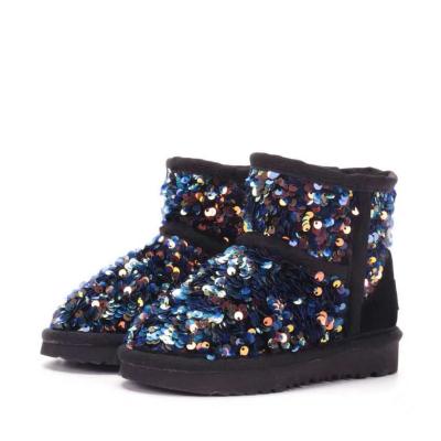 China Round Sequin Upper Sheepskin Wool Fur Lining Youth Sequin Kids Winter Boots for sale