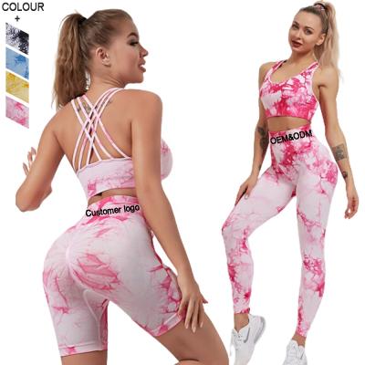 China Activewear Breathable Seamless High Waist Sports Leggings + Tie Dye Yoga Cross Back Gym Set Women for sale