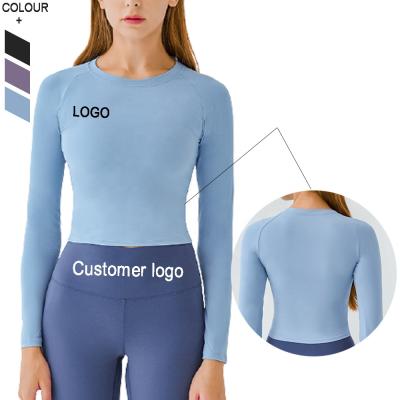 China Breathable Woman Fitness Clothes Solid Color Long Sleeve Workout Crop Top Gym Yoga Shirts for sale