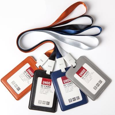 China Leather ID badge holder, vertical PU ID card holder with 1 clear ID window and 1 credit card slot and a detachable neck lanyard 76*110mm; 106*78mm for sale