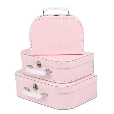 China Handmade Custom Pink Baby Keepsake Gift Set Vintage Cardboard Gift Paper Suitcase with Handle and Locks for sale