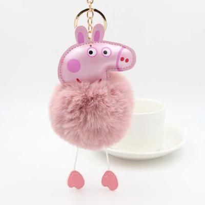 China Customized PU Leather Pendant Pompom Plush Key Chain Piglet Fur Ball Bag Leather Key Chain for sale