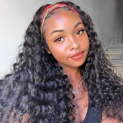 China Cheap Water Wave Natural Black 18 Inch Luxury Brazilian Hair No Glue No Gel Water Wave Headband Wig for sale