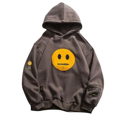 China Anti-Wrinkle Streetwear Custom Mens Hip Hop Casual Pullover Hooded Male Tops Zipper Pocket Smile Face Patchwork Fleece Hoodies for sale