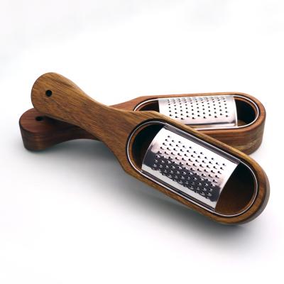 China Sustainable Stainless Steel Cheese Grater With Removable Acacia Wood Collector Cheese Grater With Box Cheese Tools Server for sale