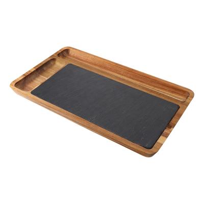 China Sustainable Natural Acacia Wood Tray With Slate Board Wooden Charcuterie Cheese Bread Serving Board Kitchen Slate Boards for sale