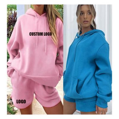 China Custom Women's Fleece Top Thick Cotton Breathable Crop Winter 2 Two Piece Shorts Set Jogging Hoodie Set for sale