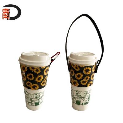 China Durable Customized PU Leather Cup Sleeves With Outdoor Handle Carabiner Cup Holder for sale