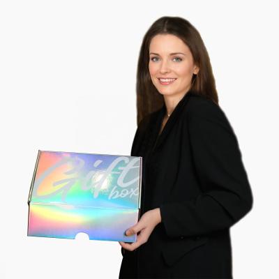 China Holographic and Iridescent Recyclable Glossy Foil Box, Custom Logo Printed Rainbow Laser Color Corrugated Mailer Box for Gift Packaging for sale