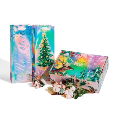 China Recyclable FASHIONABLE Combo Paper Bag + Paper Box, Custom Holographic Rainbow Silver Paper Bag With Outbox Packing For Gift/Wedding for sale