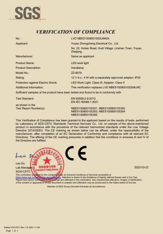 CE - Yuyao Zhongzheng Electric Appliance Co., Ltd.