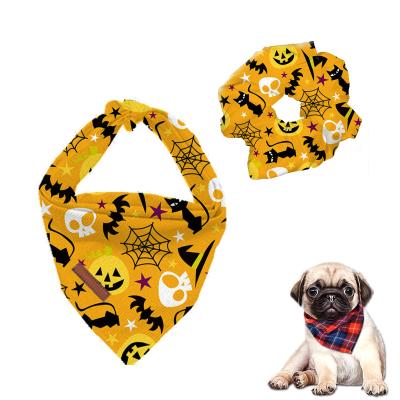 China Wholesale Custom Chill Padded Halloween Birthday Printed Designs Dog Accessories Matching Bandana Bow Tie Scrunchies Set for sale