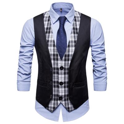 China Anti-wrinkle fashion classic plaid vest for formal suit men's casual wear slim fake vest two pieces vest for sale