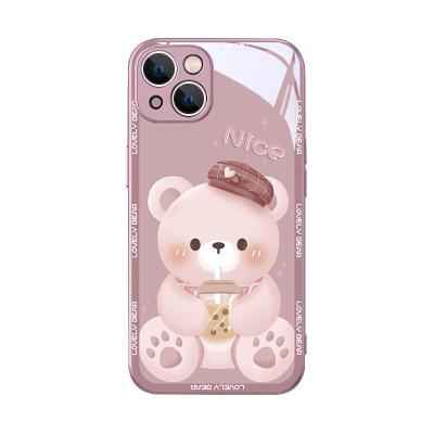 China Wholesale new 13 12pro x milk tea phone case 14promax phone case red little bear cute network shockproof glass xR for sale