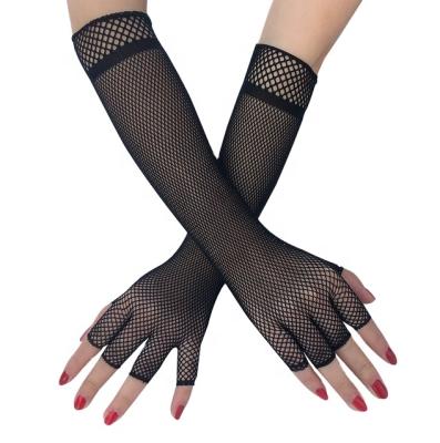 China Breathable Elastic Net Mesh Gloves Black Pair Ladies Disco Fingerless Dance Costume Breathable Lace Gloves Long for sale