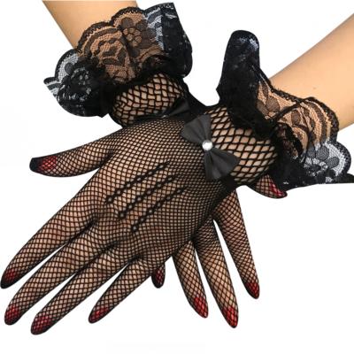 China Women's Sexy Full Finger Bowknot Lace Gloves Breathable Breathable Wedding Gloves Short Wrist Length Bridal Mittens for sale