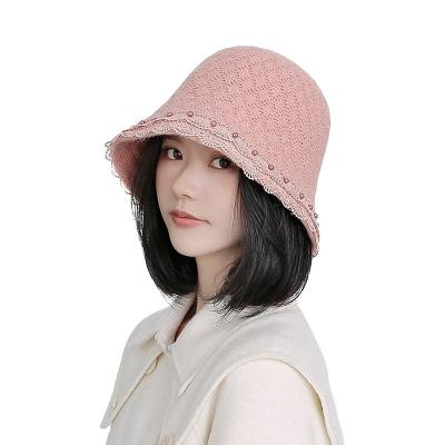 China Fashion Women Girls Lace Up Shade Sun Hat Handmade Crochet Knit Winter Bucket Hats for sale