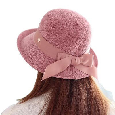 China Fashion Winter Chenille Knitted Hat Women Bowknot Bucket Hat Warm Soft Bow Cloche Hat for sale