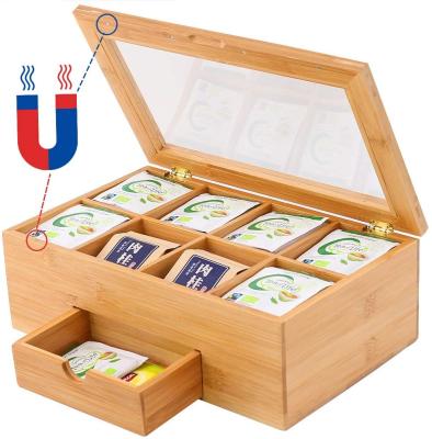 China Sustainable bamboo tea box with drawer, wooden tea chest, natural bamboo chest tea bag holder with 8 compartments and drawer for sale