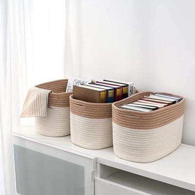 China Europe Cotton Rope Storage Baskets Bin Set Storage Cube Organizer Foldable Decorative Woven 3 Basket With Handles For Clothes Play for sale