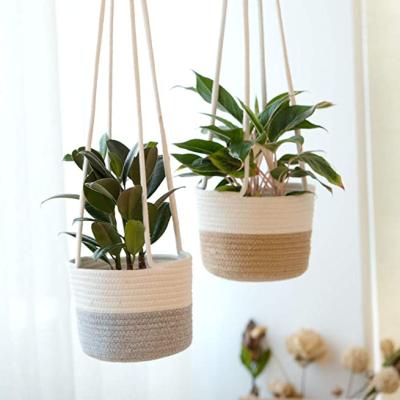 China Europe Flower Pot Plant Indoor Hanging Planter Woven Basket With Jute And Cotton Rope for sale