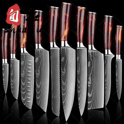 China 67 Layer German Stainless Steel Custom 10 Pcs Damascus Steak Japanese Sharp Wooden Chef Viable Santok Modern Kitchen Knife Set for sale