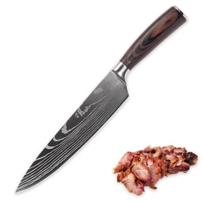 China Disposable 7Cr17 8 Inch High Carbon Stainless Steel Butcher Cooking Tools Kitchen Tableware Knife Damascus Laser Pattern Kitchen Chef Knives for sale