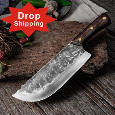 China Dropship Viable 8 Inch Full Tang Forged Wenge Chef Cleaver Butcher Handmade High Carbon Steel Wood Chinese Knife Kitchen Knives for sale