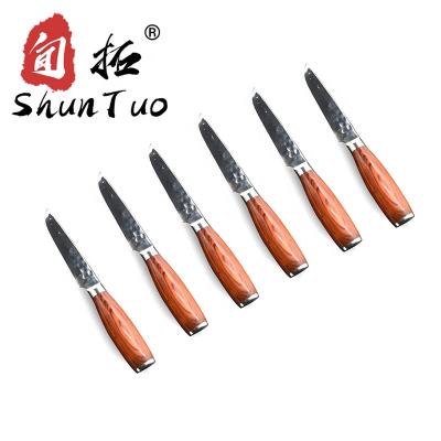 China Hot Selling Kitchen 6pcs Selling Korea Restaurant Style Viable Luxury Hammer 7CR Damascus Steel Wood Steel Steak Knife Set for sale