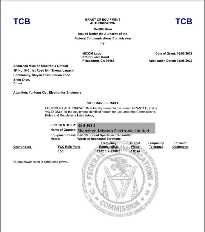 FCC - Shenzhen Mission Electronic Limited