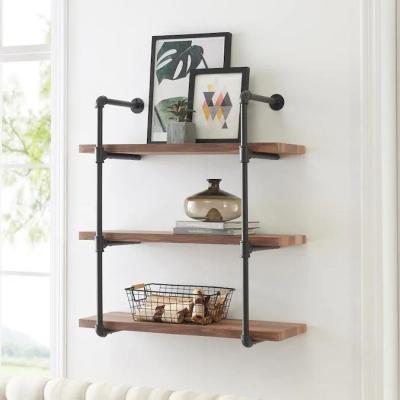 China Demountable Shelves 2 3 Tier Rustic Wood Wall Mount Vintage Ladder Metal Pipe Bookshelf Rustic Floating Shelf Industrial Bookshelf for sale