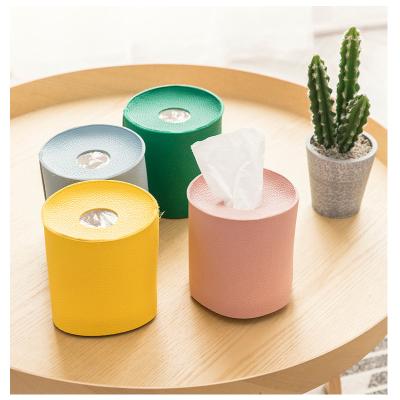 China Minimalist Custom Tissue Box Holder Leather Soft Around Paper Box PU Leather Tissue Box Lid for sale