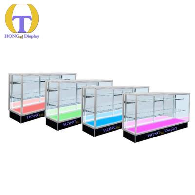 China Smoke Shop/Retail Shop Retail Store Display Counter Silver Aluminum Cabinet Colorful LED Glass Display Showcase for sale