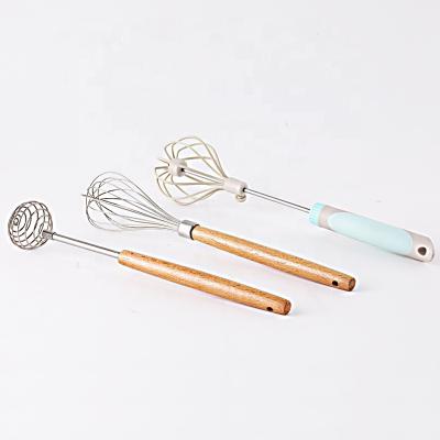 China High Quality Viable Wooden Egg Beater Handle Egg Mixer Kitchen Stainless Steel Manual Egg Beater For Baking for sale