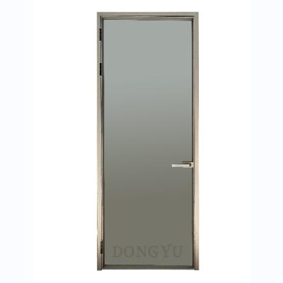 China Opaque Type Floor Door Champagne Color Aluminum Restroom Use Gray Glass Narrow Frame Pivot Bearing Swing Decoration Design for sale