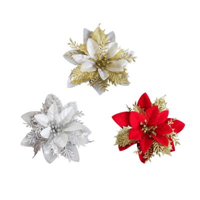 China Wholesale fabric simulation gold powder flowerpoinsettia flower Christmas tree decoration props for sale