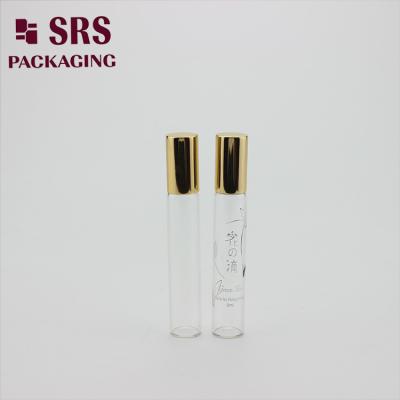 China SRS empty 8ml clear glass perfume roll on bottle with gold aluminum cap for sale