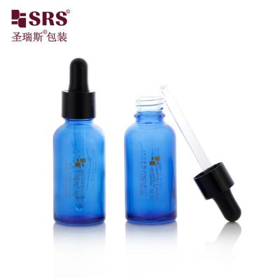 China D001-50ml Coating Blue Translucent Glass Essential Oil Bottle With Glossy Black Dropper Multiple Capacity For Aromatherapy Products for sale